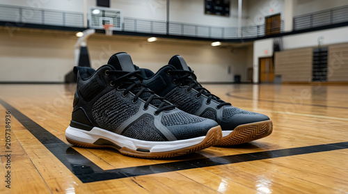 A pair of black and grey basketball shoes with white soles and gum outsoles on a wooden court.