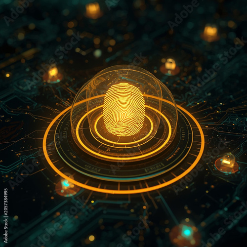 Golden fingerprint under glass dome on glowing circuit ring sovereign cloud systems secure identity protection futuristic biometric interface glowing sensor