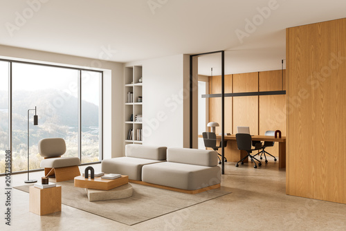 Bild auf Leinwand Modern interior design living room with neutral furniture, wooden accents, spacious layout, large windows and integrated workspace in serene setting