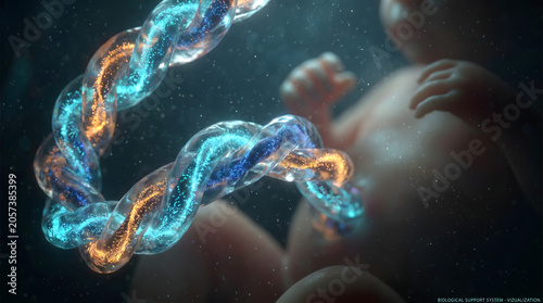 Conceptual 3D illustration of a developing human fetus in the womb featuring a glowing translucent umbilical cord symbolizing life and growth