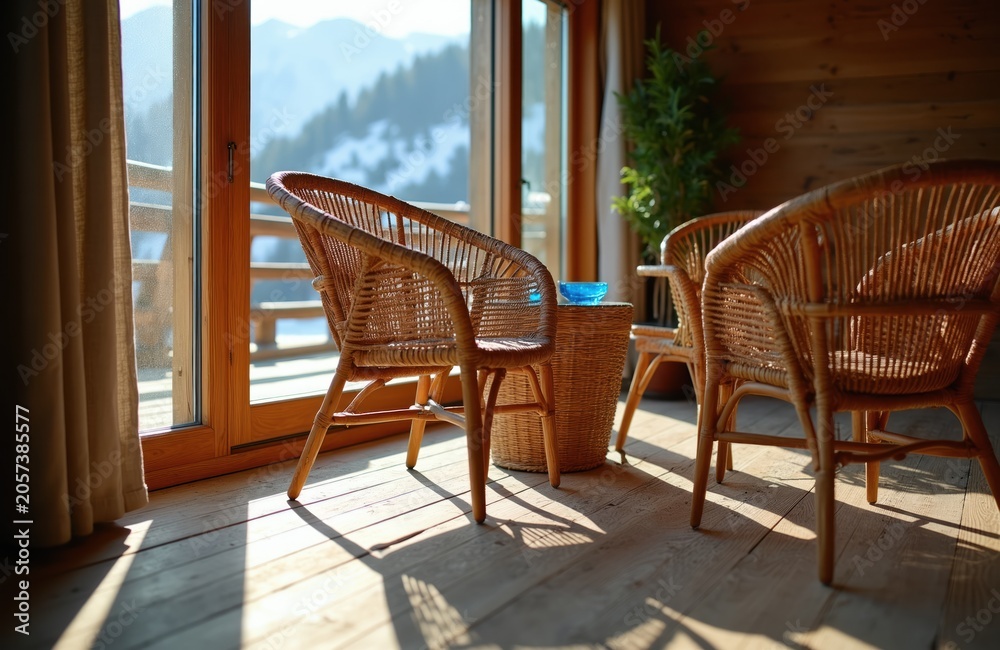 Fototapeta premium Wooden lodge terrace with wicker chairs overlooks snowy mountains. Sunny day, warm light streams through glass doors. Relaxing natural ambiance, cozy outdoor seating.