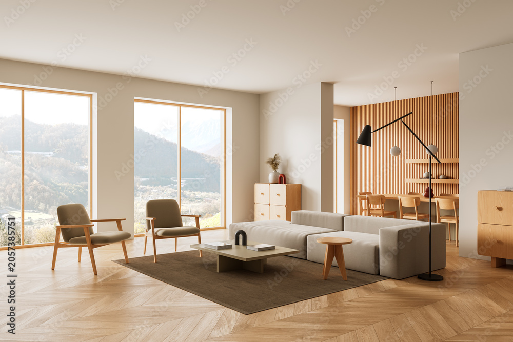 Obraz premium Modern interior living room with large windows, minimalist furniture and warm wood accents overlooking serene mountain landscape in soft natural light. 3D Rendering