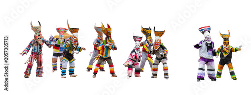 A panoramic group of colorful Phi Ta Khon masked ghost dancers posing on a white background.