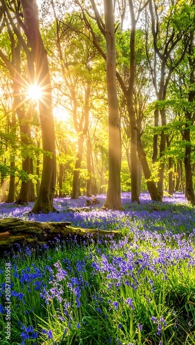 A serene forest scene with sunlight and bluebells