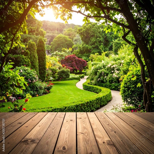 A serene garden pathway scene from a wooden deck