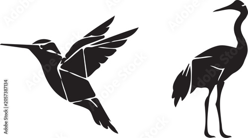 Hummingbird and Crane Silhouette Bird Set Isolated on White Background.