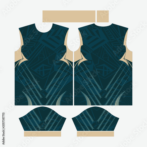 Polynesian Tribal Sportswear Jersey Template with Maori Geometric Chevron Tattoo Patterns and Teal Blue Abstract Line Art Shapes for Activewear Apparel Print