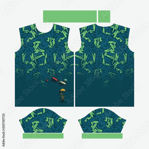 Dynamic Cricket Sportswear Jersey Template with Abstract Geometric Green and Teal Pattern Halftone Gradient and Batsman Silhouette Graphic for Activewear Apparel Print