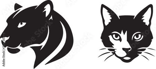 Black Panther and Domestic Cat Head Silhouette Logo Set.