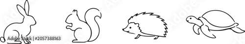 Rabbit Squirrel Hedgehog and Turtle Outline Animal Icon Set.