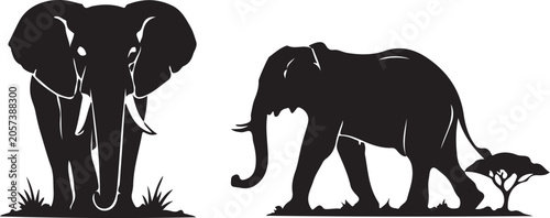 Elephant Silhouette Set Isolated on White Background.
