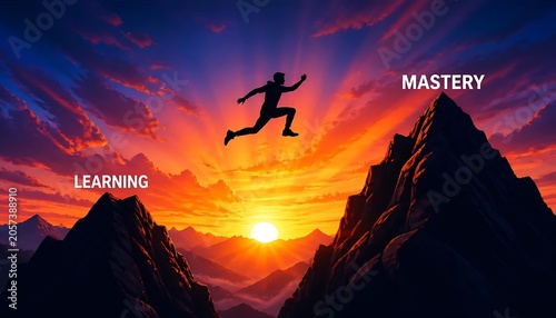 Silhouette of a man leaping from learning to mastery over mountain peak at sunset