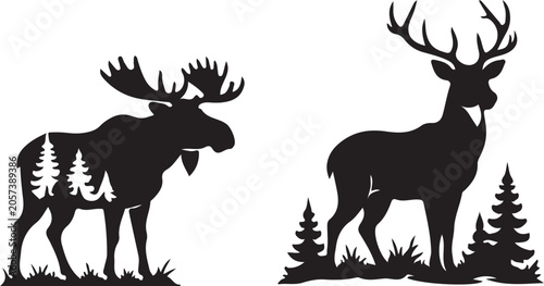 Moose and Deer Forest Silhouette Wildlife Woodland Nature Vector Illustration.