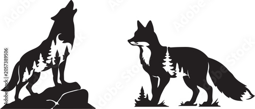 Wolf and Fox Forest Silhouette Wildlife Woodland Nature Vector Illustration.