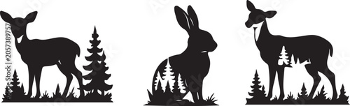 Photography Deer and Rabbit Forest Silhouette Wildlife Woodland Nature Vector Set