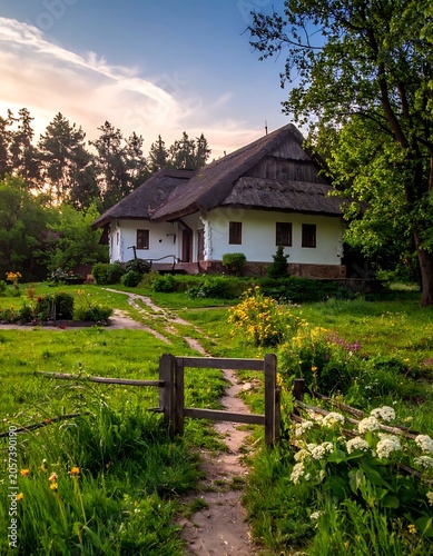 A serene house surrounded by lush greenery and vibrant flowers