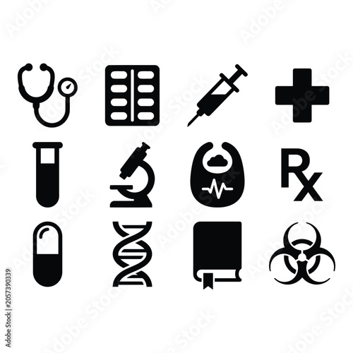 Twelve Black Medical and Science Icons isolated on white background