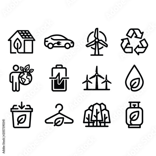 Twelve Eco-Friendly Icons in Black Line Art isolated on white background