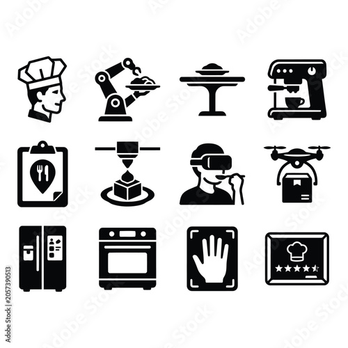 Black and White Kitchen and Restaurant Icons isolated on white background