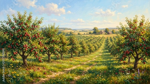 Idyllic orchard landscape with lush green trees and rolling hills