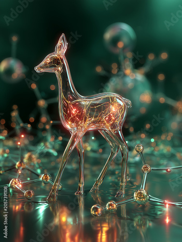 Glass fawn showing vibrant gold and copper internal energy strands on a wet reflective tech grid
