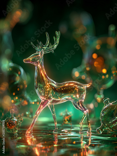 Crystal stag figurine with amber fiber network striding on liquid neon green floor
