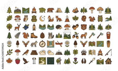 Canvas Print Outdoor adventure, camping, and nature vector icons set featuring forest animals, mountain landscapes, wilderness survival equipment, and beautiful wild plants