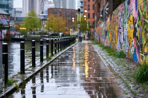 Vibrant Urban Canal View with Graffiti and Wet Pavement Reflecting City Lights at Dusk