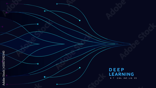 Bild auf Leinwand Curvilinear blue lines and circular nodes a vector illustration on a dark backgr