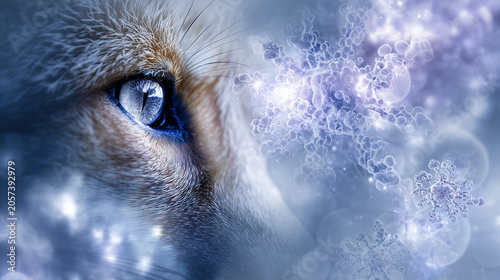 Macro photography of a sharp fox eye blended with glowing biological antibody matrices
