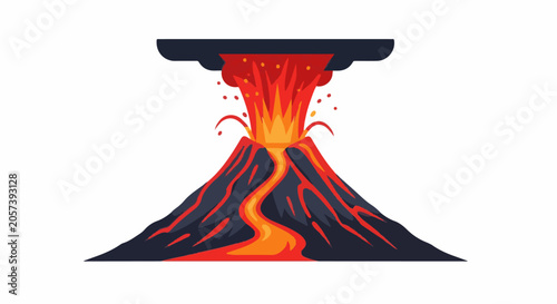 Slika na platnu Stylized volcano erupting with vibrant lava flowing down its dark, rocky slopes,