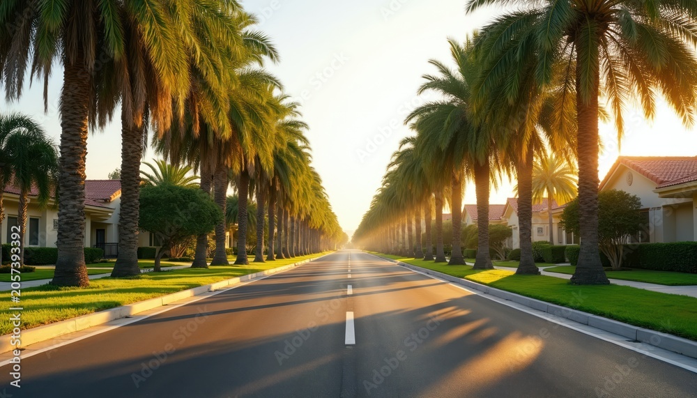 Obraz premium Empty suburban street lined with palm trees. Golden hour sunlight casts long shadows on the road. Peaceful neighborhood with manicured lawns and houses.