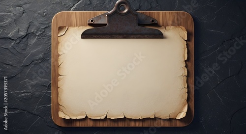 Vintage Blank Parchment Paper on Rustic Wooden Clipboard