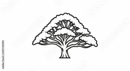 Obraz na plátne Stylized black and white outline of a broad, bushy tree with layered foliage and