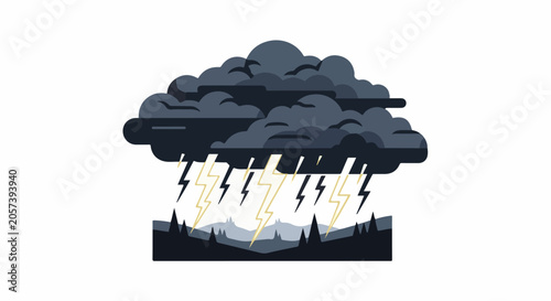 Bild auf Leinwand Stormy clouds with lightning striking a dark, silhouetted landscape below