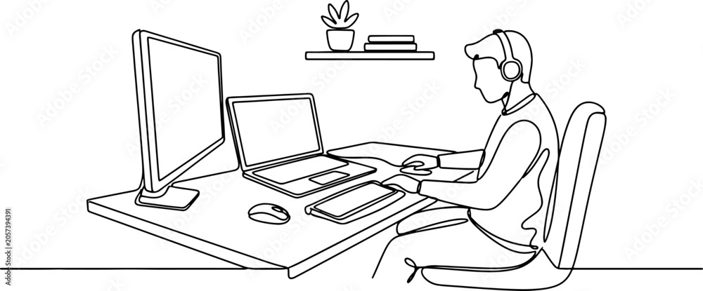 Fototapeta premium 744_Remote work minimal setup_traced