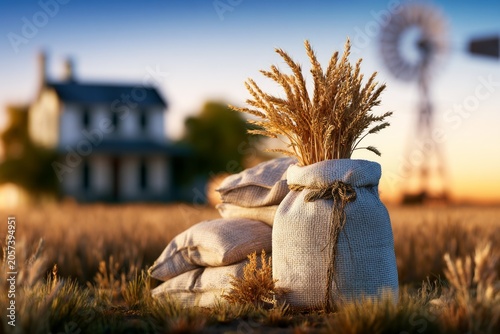 Harvested Wheat in Burlap Sacks on a Farm with Rustic House and Windmill at Sunset