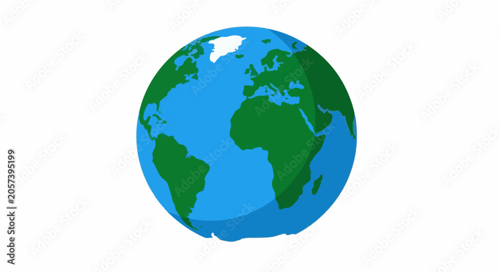 Fototapeta premium Stylized depiction of planet Earth, showing continents in green and oceans in blue, against a white background