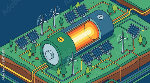 Fotografie Renewable Energy Sources Powering a Giant Battery Illustration.