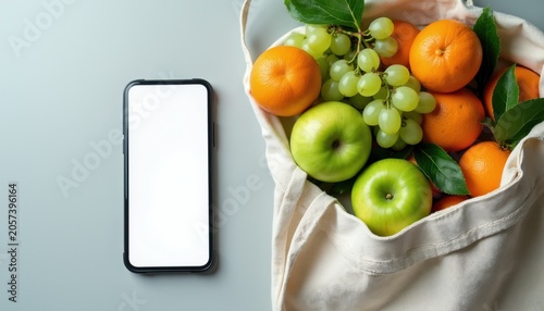 Canvas bag filled with fresh fruit. Mobile phone sits next to grocery items. Healthy food assortment ready for consumption or meal planning.