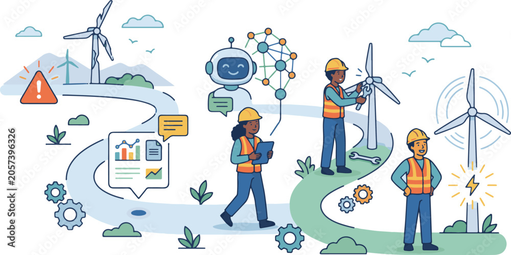 Fototapeta premium Wind energy technology and maintenance illustration