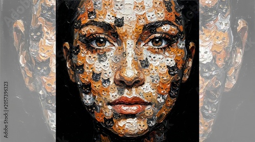 Abstract portrait of a human face composed of tiny cat faces  