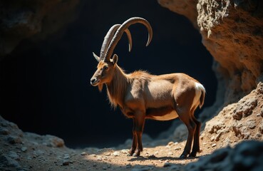 Wild bezoar goat stands on rocky terrain near cave entrance. This rare animal has large curved horns. Wildlife creature in its natural habitat.