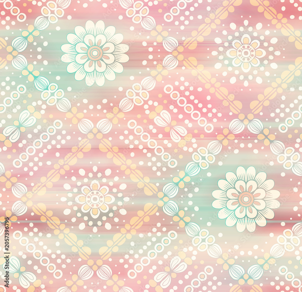 Fototapeta premium Floral seamless pattern background featuring intricate Indian-style motifs in pink and green colors.