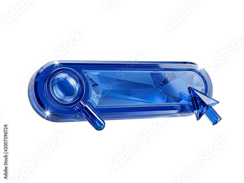 Searchbar Liquid Glass 3D rendering icon futuristic crystal interface navigation cursor glossy blue isolated on transparent background