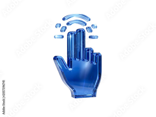 Clickhand Liquid Glass 3D rendering icon interactive touchscreen gesture interface glossy blue isolated on transparent background