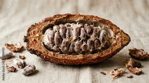 Open cacao pod revealing beans on a neutral background