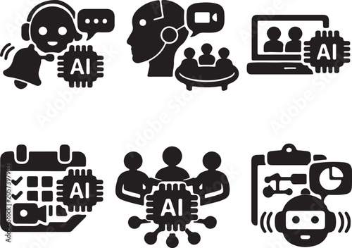 AI Meeting Assistant Vector Icon Set with 6 Variations, Artificial Intelligence Line Icons for Technology, Web, Mobile App UI UX Design