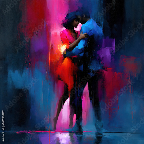 Romantic Abstract Couple Embracing with Heart Colorful Modern Art .AI Generative