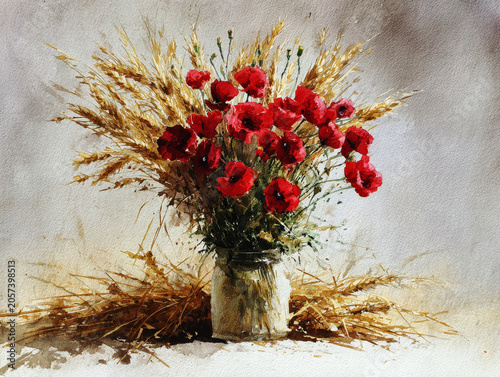 Vintage Botanical Bouquet of Red Carnations and Wheat on Rustic Paper. AI generative.